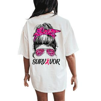 Survivor Breast Cancer Awareness Messy Bun Pink Ribbon Women's Oversized Comfort T-Shirt Back Print - Monsterry