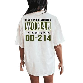 Never Underestimate A Woman With Dd-214 Military Veteren Women's Oversized Comfort T-Shirt Back Print | Mazezy