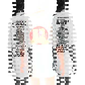 Never Underestimate A Woman With A Dd-214 October Women's Oversized Comfort T-Shirt Back Print | Mazezy