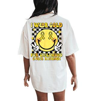I Wear Gold For Childhood Cancer Awareness Smile Face Groovy Women's Oversized Comfort T-Shirt Back Print - Monsterry