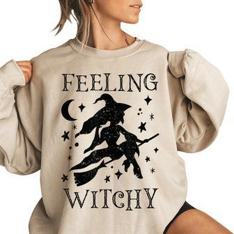 Feeling Witchy Funny Halloween Witch Vibes Kinda Night Women Women Oversized Sweatshirt | Mazezy