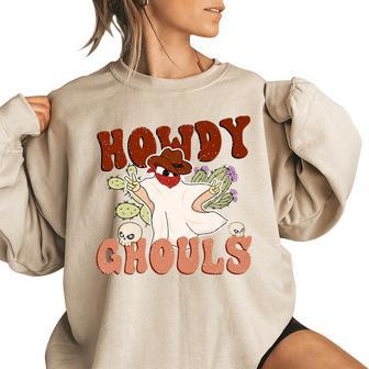 Funny Howdy Ghouls Retro Western Cowboy Retro Halloween Women Oversized Sweatshirt | Mazezy