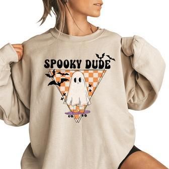 Spooky Dude Retro Halloween Costume Funny Ghost Skateboard Women Oversized Sweatshirt | Mazezy