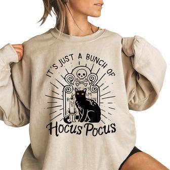 Vintage Halloween Black Cat Its Just A Bunch Of Hocus Pocus Women Oversized Sweatshirt | Mazezy