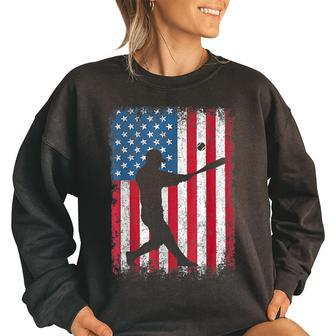 American Flag Baseball Player 4Th Of July Baseball Fan Women Oversized Sweatshirt | Mazezy