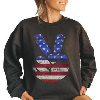 American Flag Usa Vintage Peace Sign 4Th Of July Gift Usa Funny Gifts Women Oversized Sweatshirt | Mazezy
