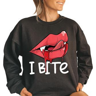 I Bite Sexy Vampire Fangs Lips Th Spooky Halloween Women Oversized Sweatshirt | Mazezy