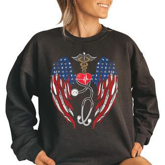 Funny 4Th Of July Nurse Wings Usa Flag Nursing For Nurse Usa Funny Gifts Women Oversized Sweatshirt | Mazezy
