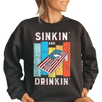 Funny Sarcastic Sinkin’ And Drinkin’ Retro Vintage Cornhole Women Oversized Sweatshirt | Mazezy