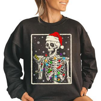 Funny Skeleton Drinking Martini Cocktail Santa Hat Christmas Women Oversized Sweatshirt | Mazezy