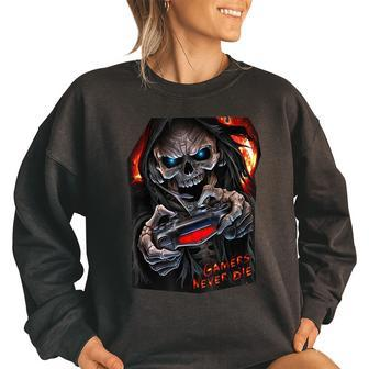 Gamers Never Die - Skeleton On Joystick Cool Gaming Fan Women Oversized Sweatshirt | Mazezy
