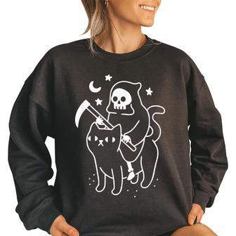 Grim Reaper Riding On A Cat Funny Halloween Halloween Funny Gifts Women Oversized Sweatshirt | Mazezy