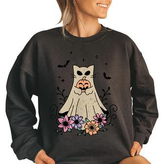 Groovy Vintage Floral Ghost Cat Cute Halloween Spooky Season Halloween Funny Gifts Women Oversized Sweatshirt | Mazezy