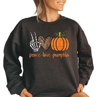 Halloween Skeleton Peace Love Pumpkin Leopard Heart Costume Women Oversized Sweatshirt | Mazezy