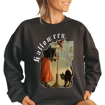 Halloween Vintage Witch Black Cat Trick Or Treat Halloween Funny Gifts Women Oversized Sweatshirt | Mazezy