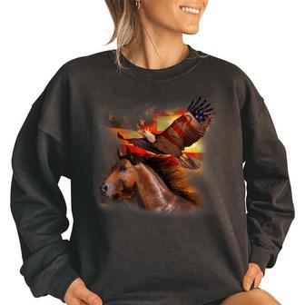 Horse American Flag Wings Eagle Proud Patriotic 4Th Of July Patriotic Funny Gifts Women Oversized Sweatshirt | Mazezy UK