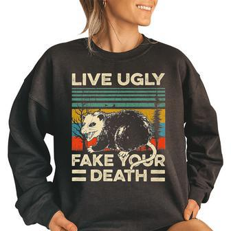 Live Ugly Fake Your Death Retro Vintage Opossum Women Oversized Sweatshirt | Mazezy