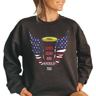 Loves Jesus And America Too Angels Wings 4Th Of July Groovy Women Oversized Sweatshirt | Mazezy