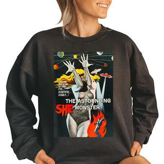 Sexy Blonde Classic Halloween Monster Poster Horror Movie Women Oversized Sweatshirt | Mazezy
