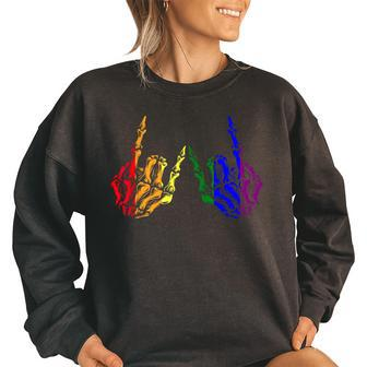 Skeleton Rock Hand Lgbt-Q Cool Rainbow Flag Gay Pride Ally  Women Oversized Sweatshirt