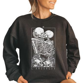 Tarot Card Kissing Skeleton Love Skull Bones Horror Goth Women Oversized Sweatshirt | Mazezy
