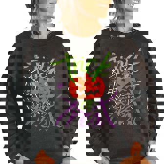 Trick Or Treat Pumpkin Cobweb Vintage Distressed Halloween Pumpkin Funny Gifts Women Oversized Sweatshirt | Mazezy