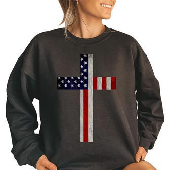 Vintage American Flag Christian Cross Usa Patriotic Gift Patriotic Funny Gifts Women Oversized Sweatshirt | Mazezy