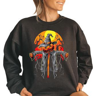 Vintage Creepy Pumpkin Trick Or Treat Halloween Costume Pumpkin Funny Gifts Women Oversized Sweatshirt | Mazezy
