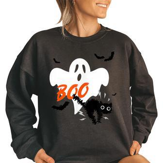 Vintage Funny Halloween Ghost Trick Or Treat Black Cat Boo Halloween Funny Gifts Women Oversized Sweatshirt | Mazezy