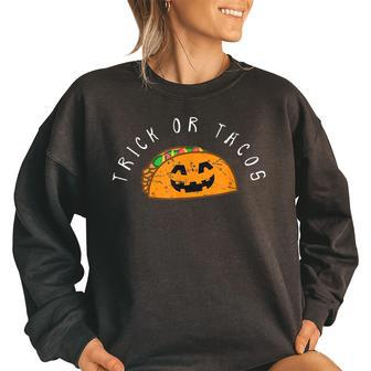 Vintage Halloween Trick Or Treat Pun Taco Lover Meme Halloween Funny Gifts Women Oversized Sweatshirt | Mazezy
