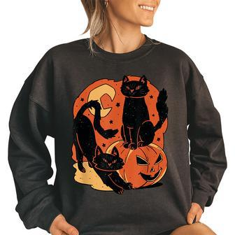 Vintage Scary Halloween Black Cats And Pumpkin Women Oversized Sweatshirt | Mazezy