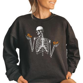 Vintage Skeleton Halloween Trick Or Treat Alt Grunge Gothic Women Oversized Sweatshirt | Mazezy