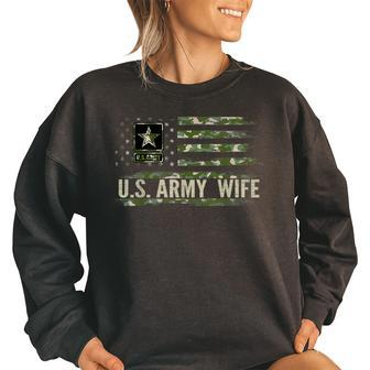 Vintage Us Army Wife With Camo American Flag Veteran Gift Women Oversized Sweatshirt | Mazezy