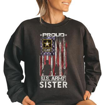 Vintage Usa American Flag Proud Us Army Military Sister Women Oversized Sweatshirt | Mazezy