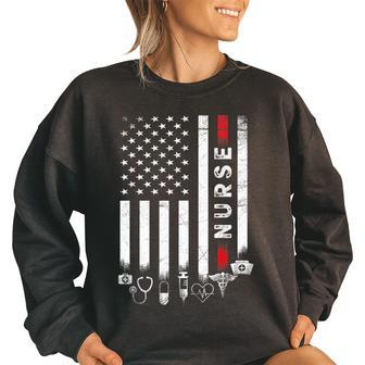 Vintage Usa American Flag Va Nurse Patriotic Funny Nurse Day Patriotic Funny Gifts Women Oversized Sweatshirt | Mazezy