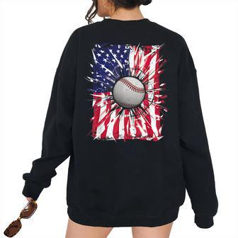 4Th Of July Baseball Usa American Flag Patriotic Men & Boys Patriotic Women's Oversized Sweatshirt Back Print | Mazezy