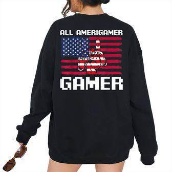 4Th Of July Boys Kids Men All American Gamer Flag Merica Women's Oversized Sweatshirt Back Print | Mazezy