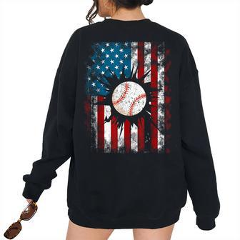 American Baseball Us Flag 4Th Of July Boys Baseball Women's Oversized Sweatshirt Back Print | Mazezy