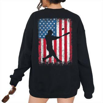American Flag Baseball Player 4Th Of July Baseball Fan Women's Oversized Sweatshirt Back Print | Mazezy