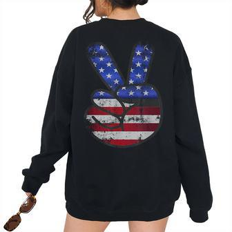 American Flag Usa Vintage Peace Sign 4Th Of July Usa Women's Oversized Sweatshirt Back Print | Mazezy