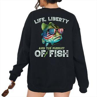 Bass Fish Fishing 4Th Of July Fourth American Flag Bass Dad For Dad Women's Oversized Sweatshirt Back Print | Mazezy