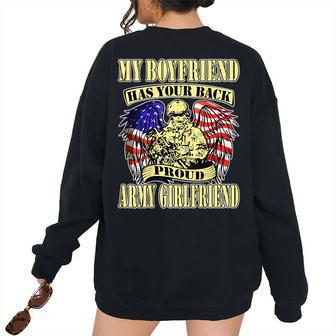My Boyfriend Has Your Back Proud Army Girlfriend Us Military Women's Oversized Sweatshirt Back Print | Mazezy