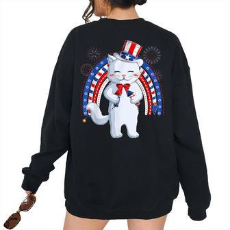 Cat Uncle Sam Hat Us Flag Fourth 4Th Of July Kids Girls Boys For Uncle Women's Oversized Sweatshirt Back Print | Mazezy