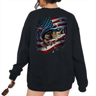 Fishing And An American Flag - Largemouth Bass Bass Women's Oversized Sweatshirt Back Print | Mazezy