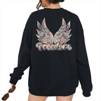 Freedom Wings July 4Th Patriotic Retro Angel Wings Usa Patriotic Women's Oversized Sweatshirt Back Print | Mazezy