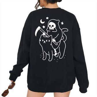 Grim Reaper Riding On A Cat Halloween Halloween Women's Oversized Sweatshirt Back Print | Mazezy