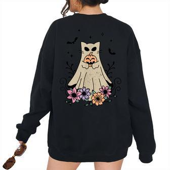 Groovy Vintage Floral Ghost Cat Cute Halloween Spooky Season Halloween Women's Oversized Sweatshirt Back Print | Mazezy