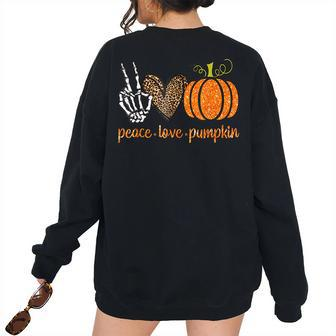 Halloween Skeleton Peace Love Pumpkin Leopard Heart Costume Women Oversized Sweatshirt Back Print | Mazezy