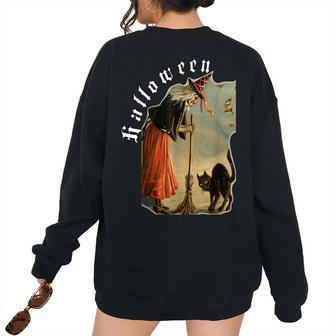 Halloween Vintage Witch Black Cat Trick Or Treat Halloween Women's Oversized Sweatshirt Back Print | Mazezy