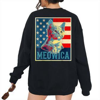 Meowica Cat 4Th Of July Patriotic American Flag Women Patriotic Women's Oversized Sweatshirt Back Print | Mazezy